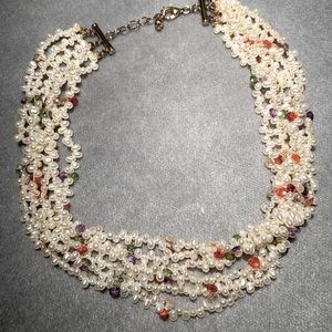 Multi strand seed pearl necklace with semi precious stones. Matching earrings.